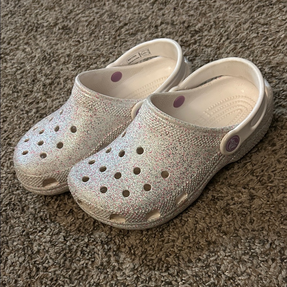 CROCS Kids Sparkle Clogs - Silver and White